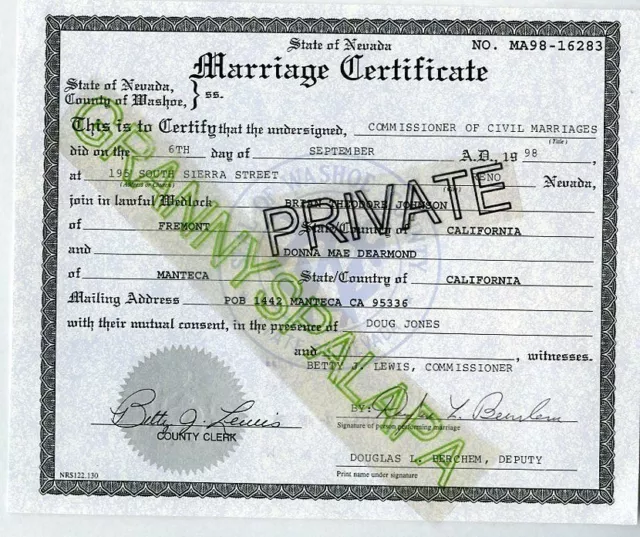 1998 Marriage Certificate - Nevada - JOHNSON & DEARMOND family from Calif