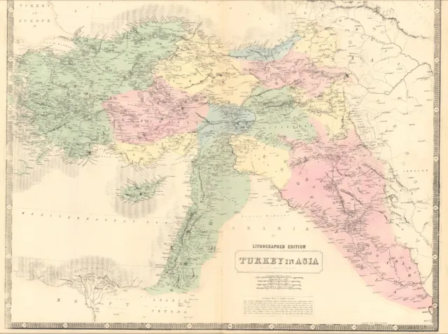 1845 Turkey in Asia map A.K. Johnston ~ 25.8" x 21.2" Antique Pastel color Huge