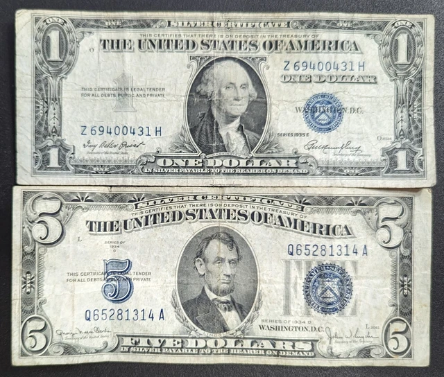 1935 $1 One Dollar and 1934 $5 Five Dollar Silver Certificates             (014)