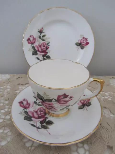 DELPHINE TRIO Tea Cup Saucer & Plate Set Prettiest Pink Roses