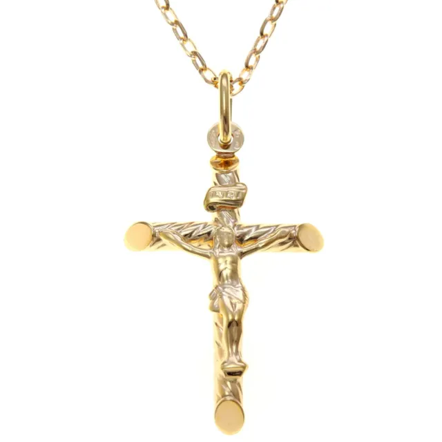 9 Karat Gold Kruzifix Kreuz Anhänger Halskette mit 18 Zoll Goldkette und Geschenkbox