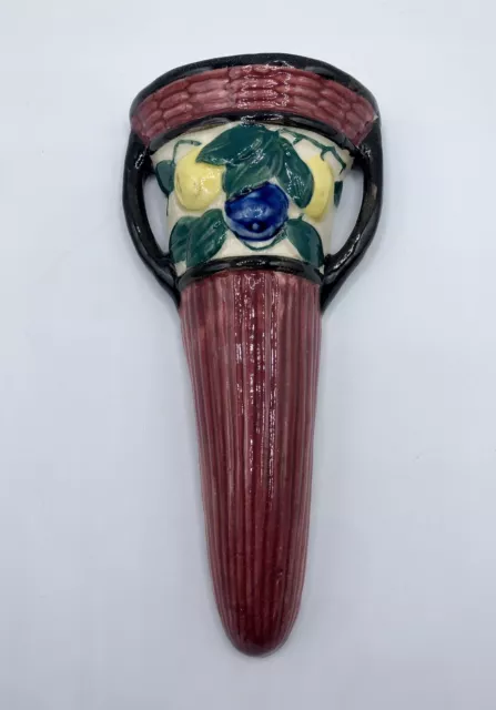 Vintage Art Deco Maroon Majolica Fruit Handled Wall Pocket Vase 7”