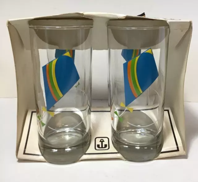 Vtg Anchor Hocking KITE PATTERN Iced Tea Drinking Glasses Tumblers Set of 4 NIB