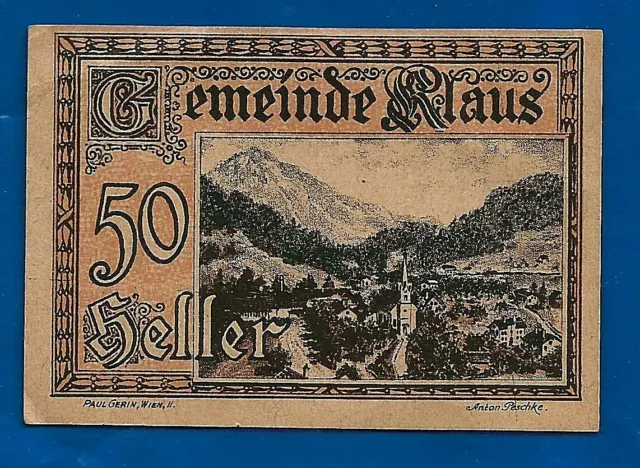 1920 KLAUS Austria notgeld emergency money 50 Funfzig Heller note bill