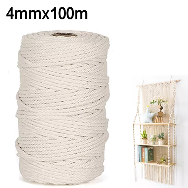 4mm 100M Natural Cotton Twisted Cord Craft Macrame Artisan Rope Craft String AU