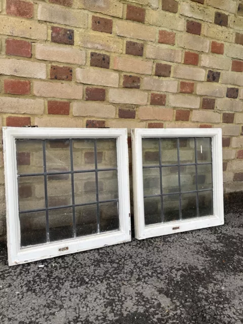 Pair Of Reclaimed Leaded Light Panel Wooden Windows