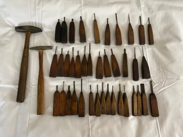 VINTAGE ANTIQUE LEATHER Tooling Tools Carving Leathercraft Wooden Set ...