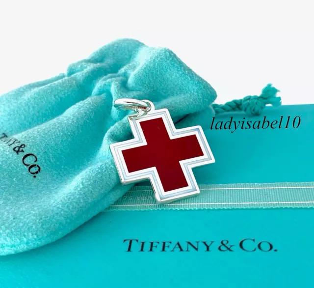 Tiffany & Co Enamel Red White Cross Large Charm Pendant  Sterling Silver w Pouch