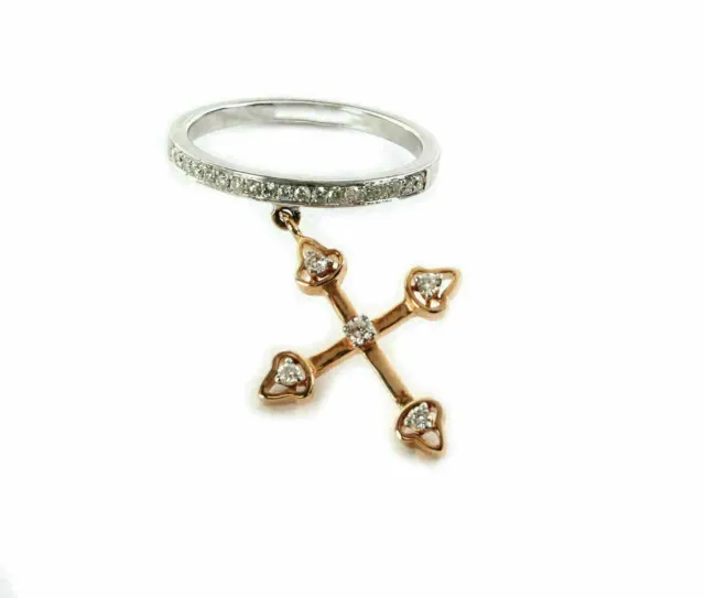 Diamond Dangle Cross Charm 18k Pink & White Gold Band Ring