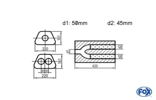 Uni-Schalldämpfer trapezoid zweiflutig mit Hose - Abw. 644 220x161mm, d1Ø 50mm d