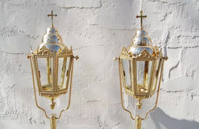 Pair Of Brass Processional Candlestick Torches / Lanterns With Base Stands #130 3