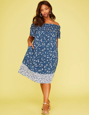 Lane Bryant Printed Smocked Off The Shoulder Dress Plus 14/16 18/20 ~1x 2x