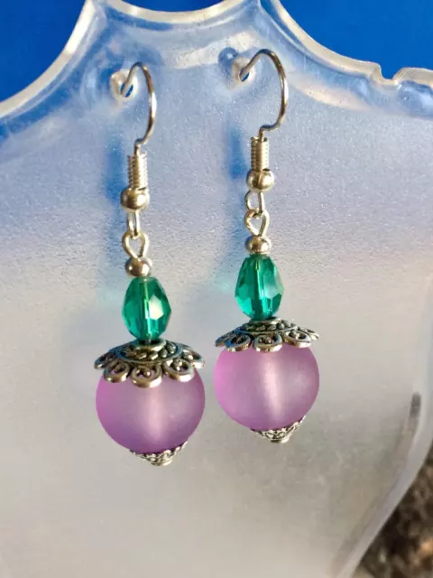 Sea Glass Style Dangle Earrings Purple With Aqua Blue Crystal Bead