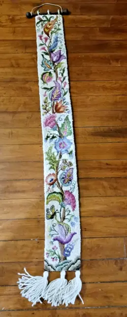 Vintage Wool Floral Hooked Wall Hanging Accent Rug Victorian Beige 6" x 52" EUC