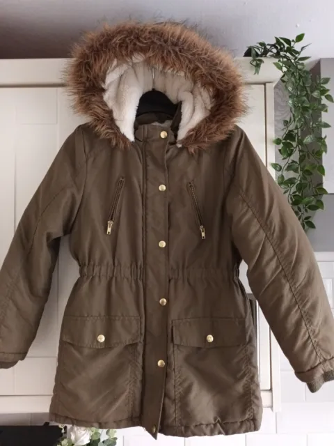 Girls Aged 10-11 Yrs Warm Kharki Hooded Autumn Winter Mid-Length Coat