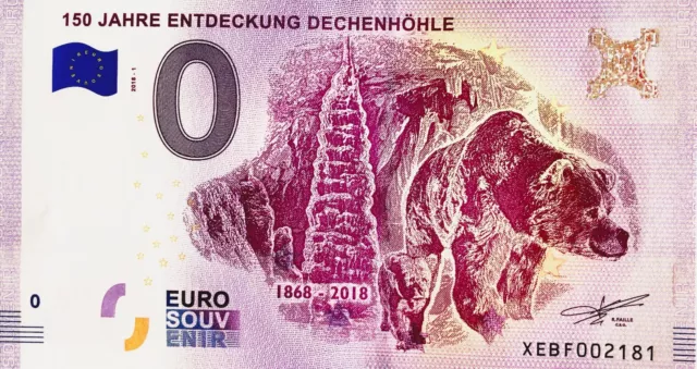 Billet 0 Zero Euro Schein Souvenir 150 Jahre Entdeckung Dechenhohle 2018-1