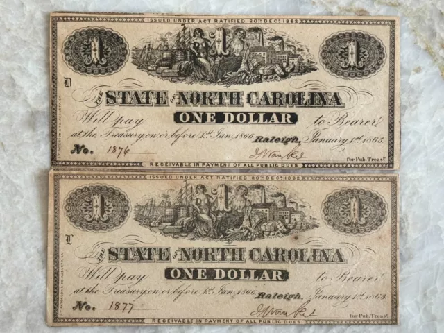 1863 Sequential # 1876 1877 State of North Carolina One Dollar Civil War Notes