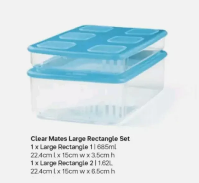 TUPPERWARE CLEAR MATES SQUARE SET OF 2-1.6 L EACH- IN CLEAR WITH BLUE LIDS  COLOR