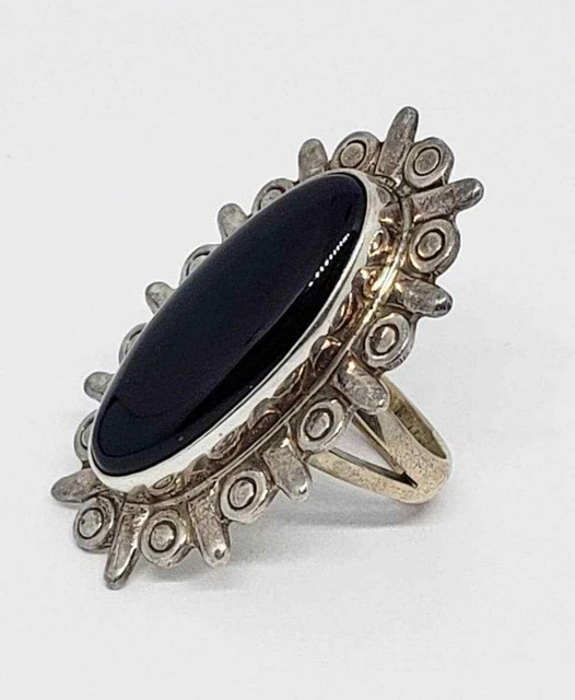 LONG Taxco Mexico size 6 Onyx & Sterling Wrap Ring ca. 1970's 1 1/2 inches long