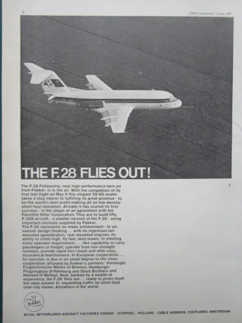 6/1967 Pub Fokker Aircraft Holland Fokker F28 Fellowship First Flight Ad