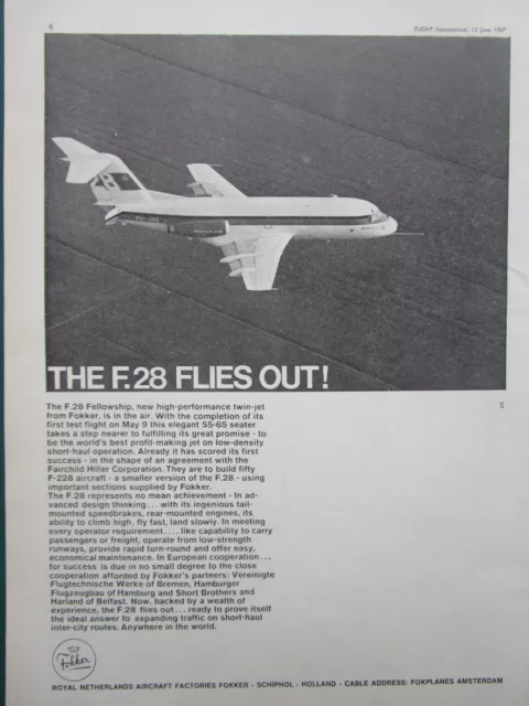6/1967 Pub Fokker Aircraft Holland Fokker F28 Fellowship First Flight Ad