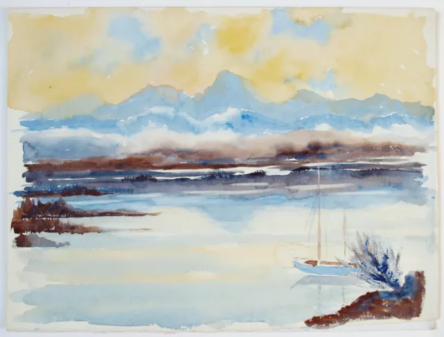 Ernest Andrews (1896-1977), Watercolour. Mountainous riverscape, sailboat