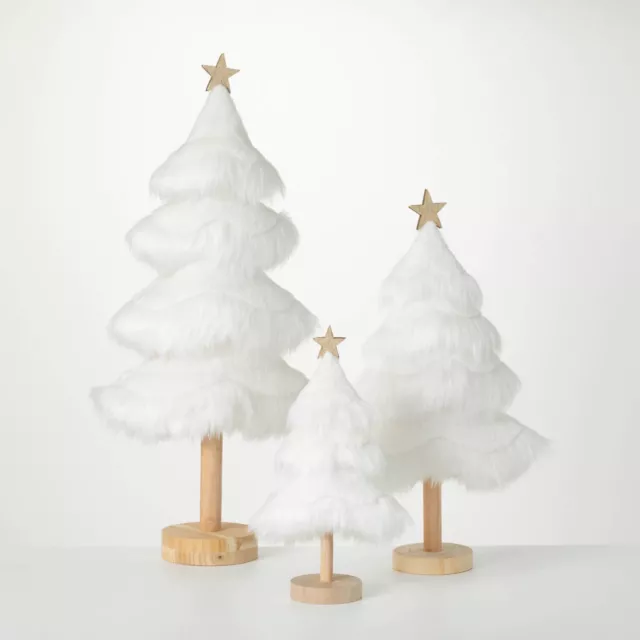 Set/3 12-24" White Snowy Faux Fur Tabletop Tree Figure Wood Base Christmas Decor