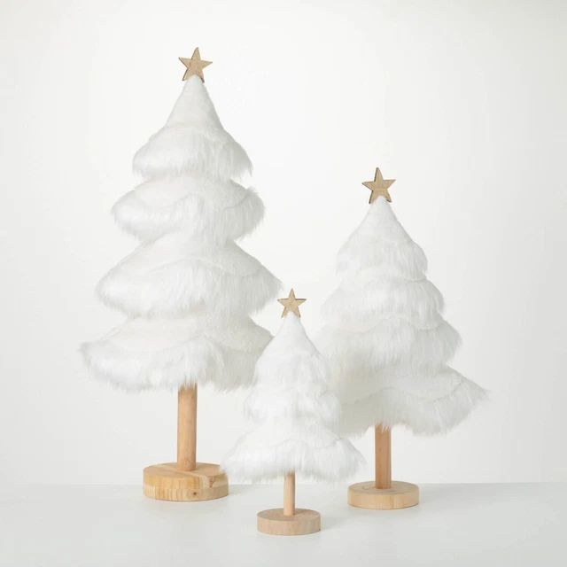 Set/3 12-24" White Snowy Faux Fur Tabletop Tree Figure Wood Base Christmas Decor