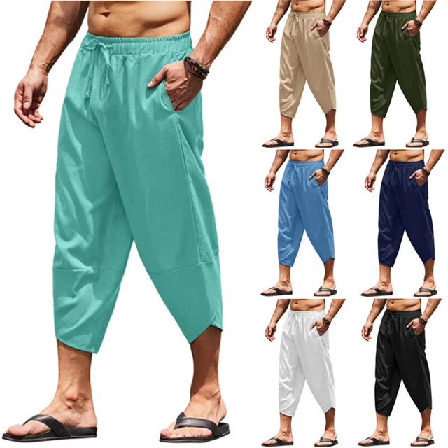 Mens Cotton Linen Solid Color Loose Drawstring Capri Pants Casual Beach Shor !