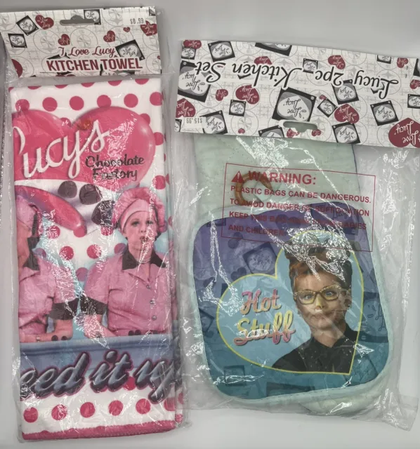 I Love Lucy Kitchen Set - Hot Stuff Oven Mitts & Chocolate Factory Towel - NEW