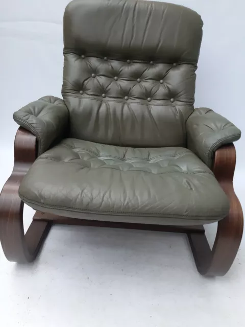 Vintage retro Danish mid century 60s 70s armchair green leather bentwood chair 1