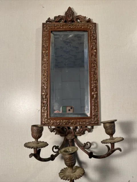 Antique Victorian Brass Bronze Beveled Wall Mirror Frame three candle candlabra