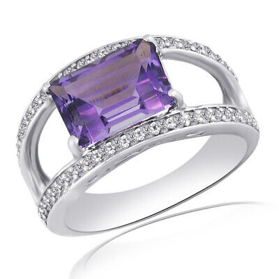 3.04 Ct Emerald Cut Amethyst & White Topaz Sterling Silver Engagement Ring
