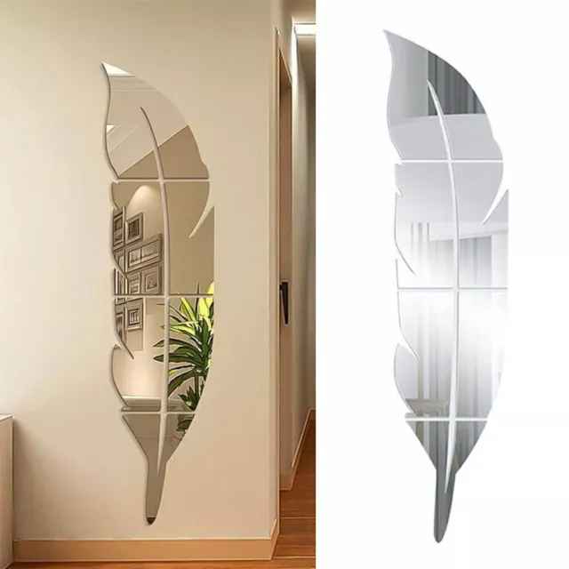 Silver Feather Mirror Tiles Wall Sticker Self-adhesive Stick On Bedroom Decor