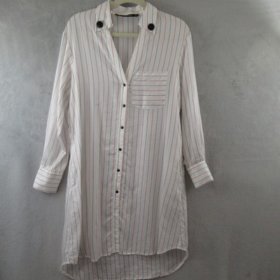 Zara Womens Dress Small White Blue Red Stripe Big Button Collar Shirt Dress