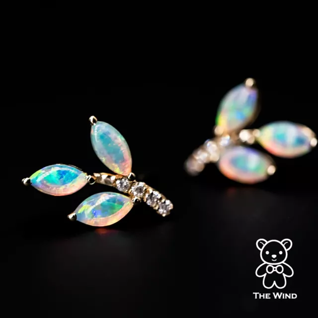 Olive Branch Leaf Design Australian Solid Opal Diamond Earrings 14K Yellow Gold