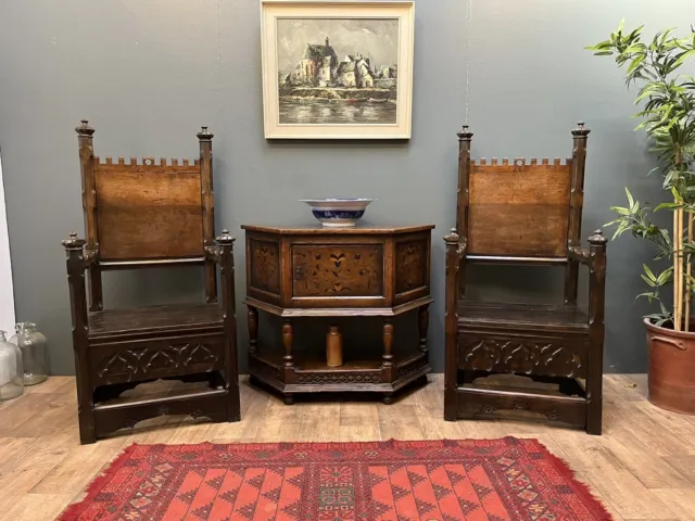 Remarkable Pair Of Antique Oak Gothic Tracery Throne Chairs