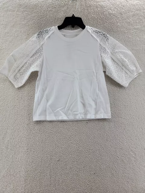 3.1 Phillip Lim Broderie Anglaise Combo Top Women's XS White Solid Elbow Sleeve+