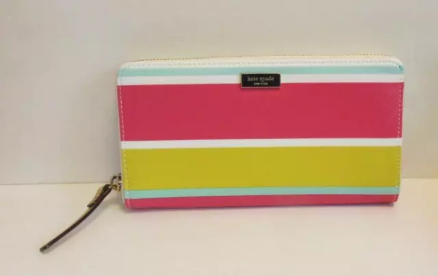 Kate Spade Grant Street Grainy Vinyl stripe wallet multi pink logo zipper new