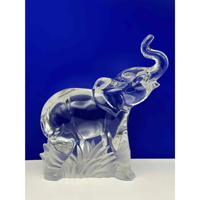 Vintage Lenox Fine Crystal Elephant Figurine Frosted Grass Base Trunk Raised