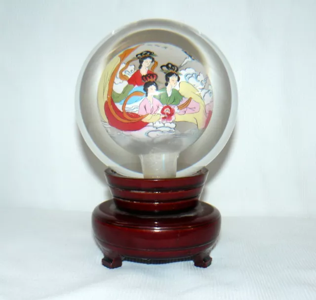 Chinese Reverse Painted Rotating Crystal Ball On Stand