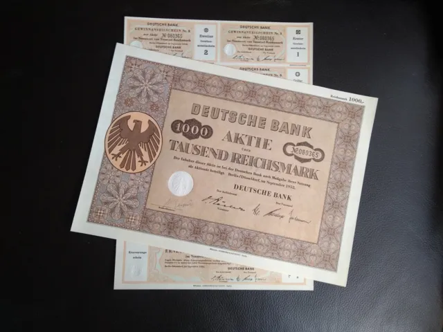 Deutsche Bank AG original Aktie 1952 über 1000 Mark mit vollständigen Coupons