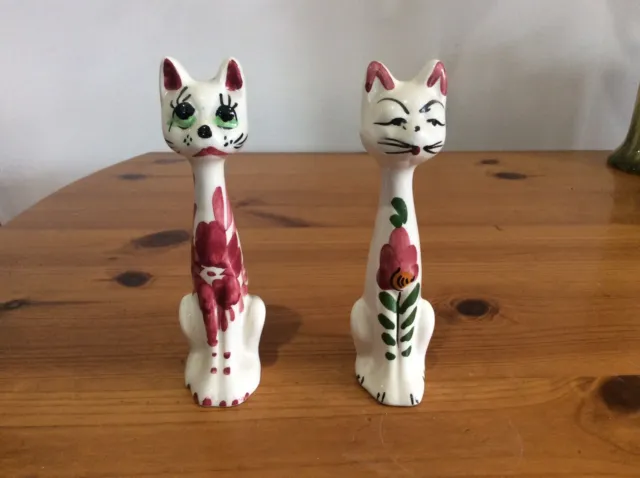 Two vintage italian hand painted  floral pottery cat figurines