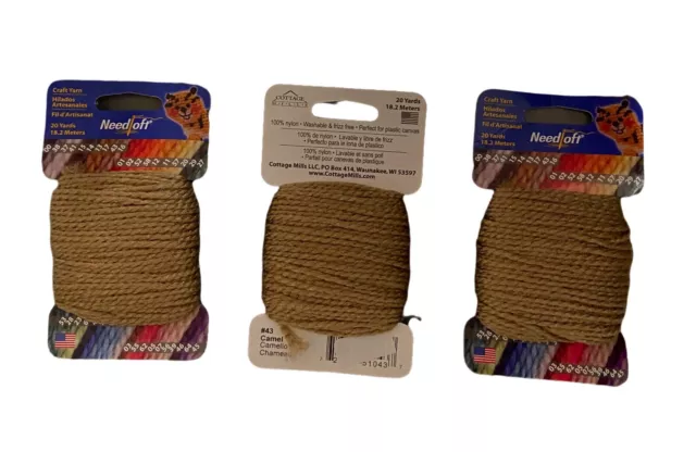 3 NEW Needloft #43 Camel 100% Nylon Yarn For Plastic Canvas 20 Yards each