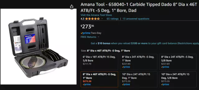Amana Tool - 658040-1 Carbide Tipped Dado 8" Dia x 46T ATB/Ft -5 Deg, 1" Bore, D