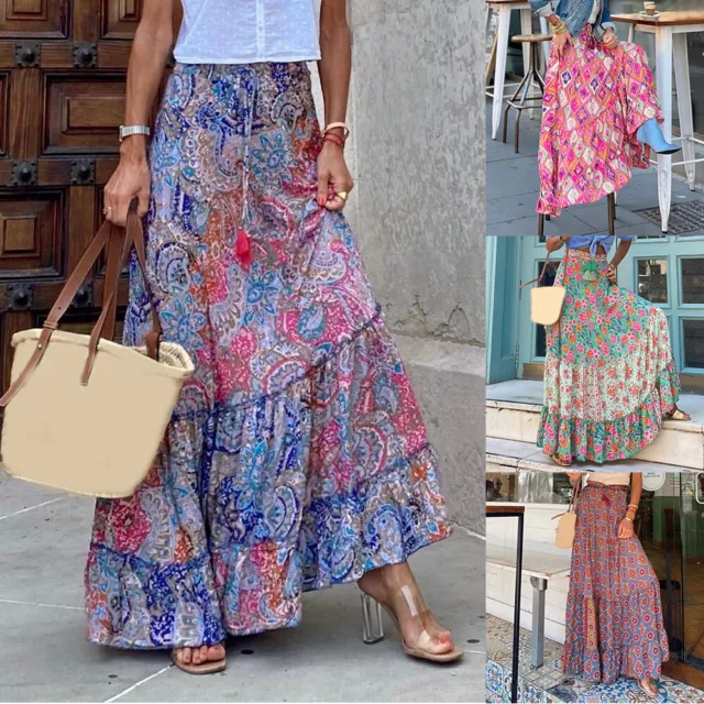 Donna Boho Floreale lungo Maxi Vita Alta Spiaggia Increspatura Swing Abito  ^