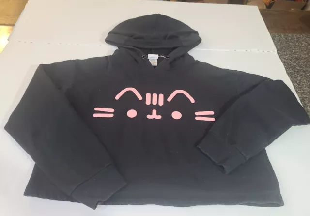 PUSHEEN Sweatshirt Hoodie Cropped  BellyShirt Ears On Hood Black Size L