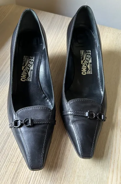 SALVATORE FERRAGAMO Black Leather Kitten Heels  - Size 9.5 - Excellent Condition