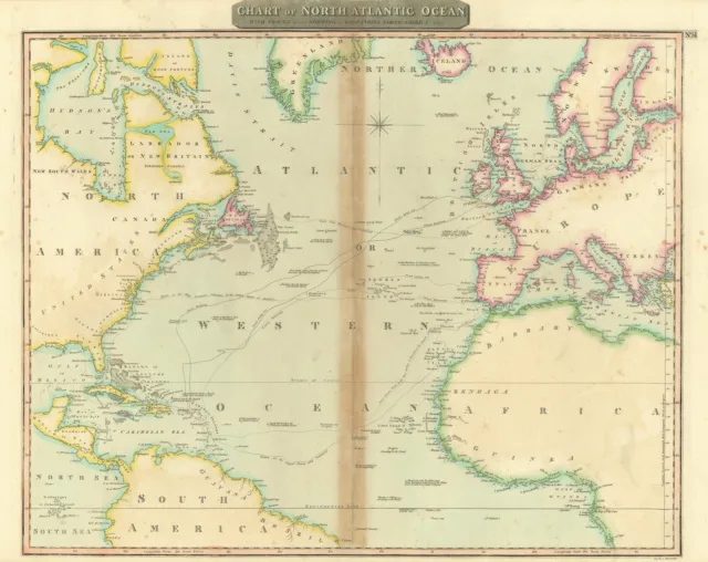 "North Atlantic Ocean" showing Nelson's & trade routes. THOMSON 1817 old map