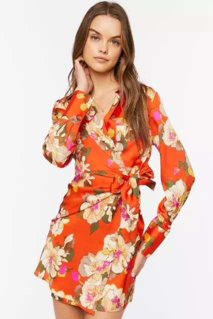 Forever 21 Dress Womens Medium Orange Floral Print V Neck Mini Long Sleeve NWT